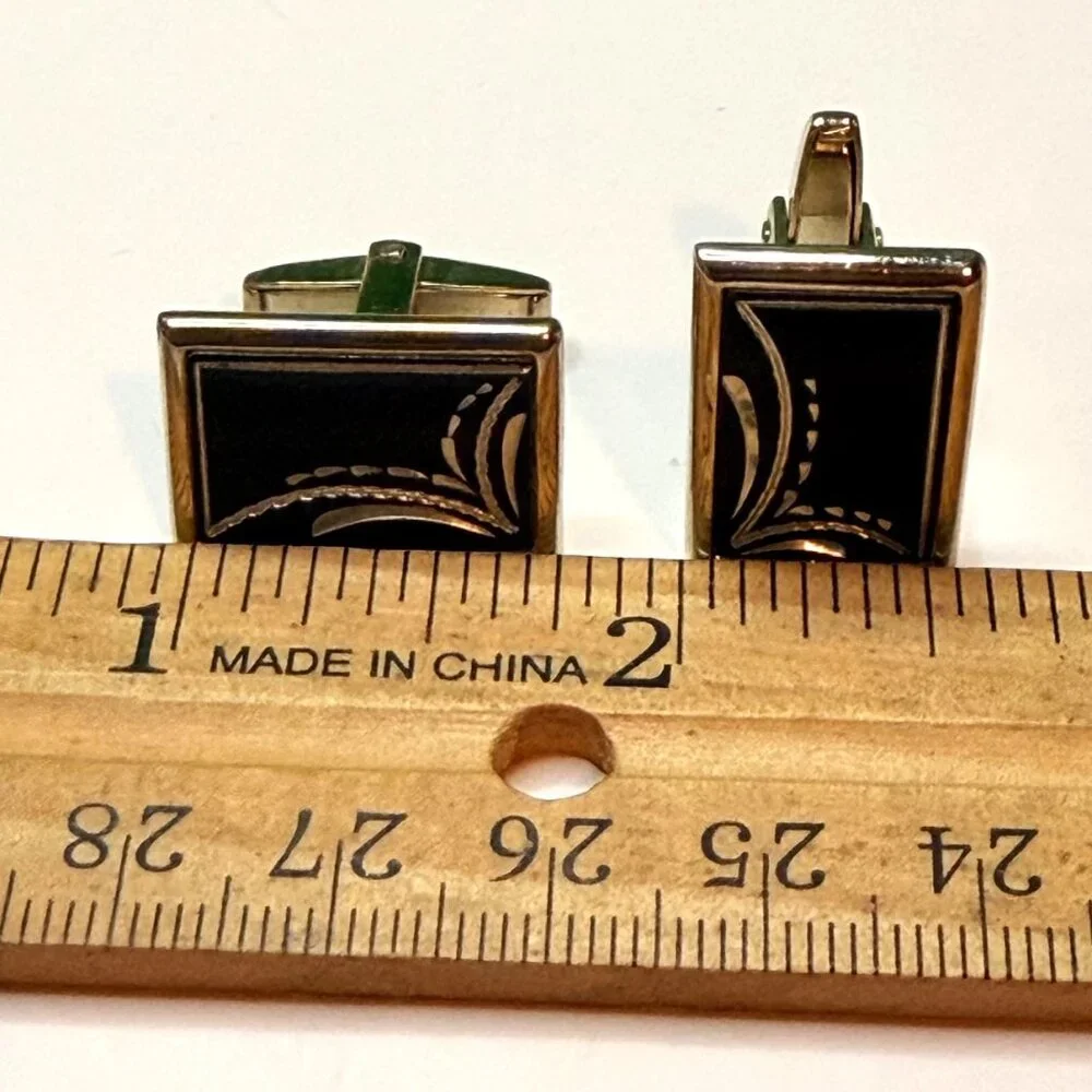 Foster Men's Cufflinks PAT PEND USA Rectangular Black Enamel Gold Tone Jewelry